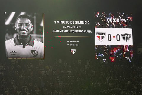 Juan Izquierdo: A picture of the late Uruguayan soccer player Juan Izquierdo is displayed on a screen before the start of Copa do Brasil soccer match